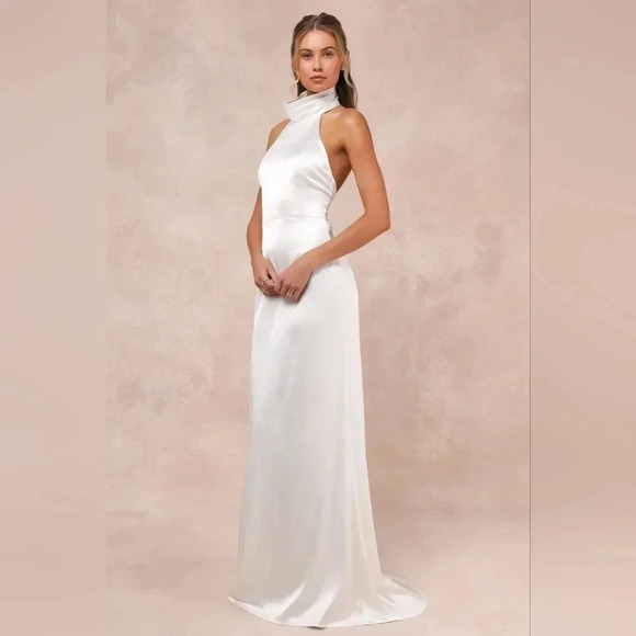 Lulus Luxe Destiny White Satin Backless Halter Mermaid Maxi Dress Wedding Bridal - Picture 2 of 11